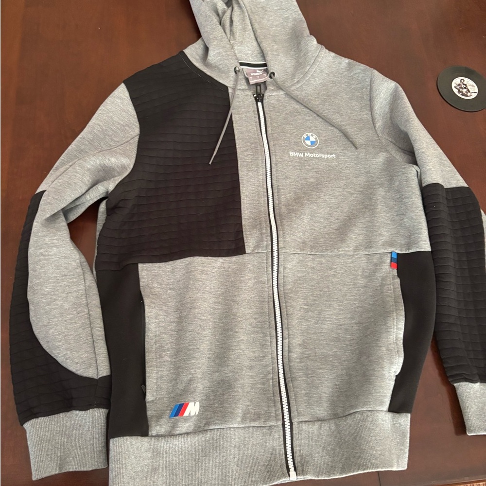 BMW Motorsport Gray and Black Zip-Up Hoodie